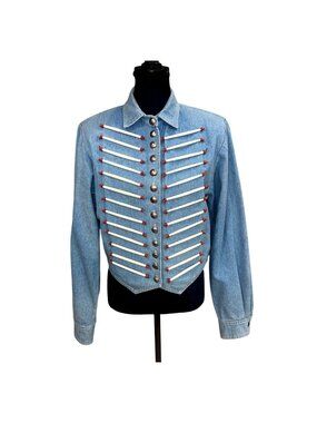 VTG Double D Ranch Denim Military Native American Jacket Beaded Metal Buttons M